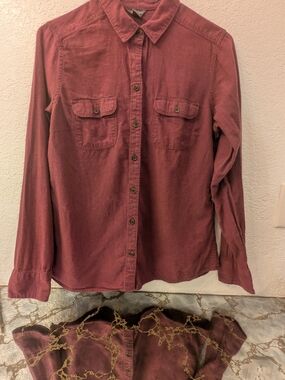 Eddie Bauer Woman's Long-Sleeve Button-Down Shirt in Washed Burgundy